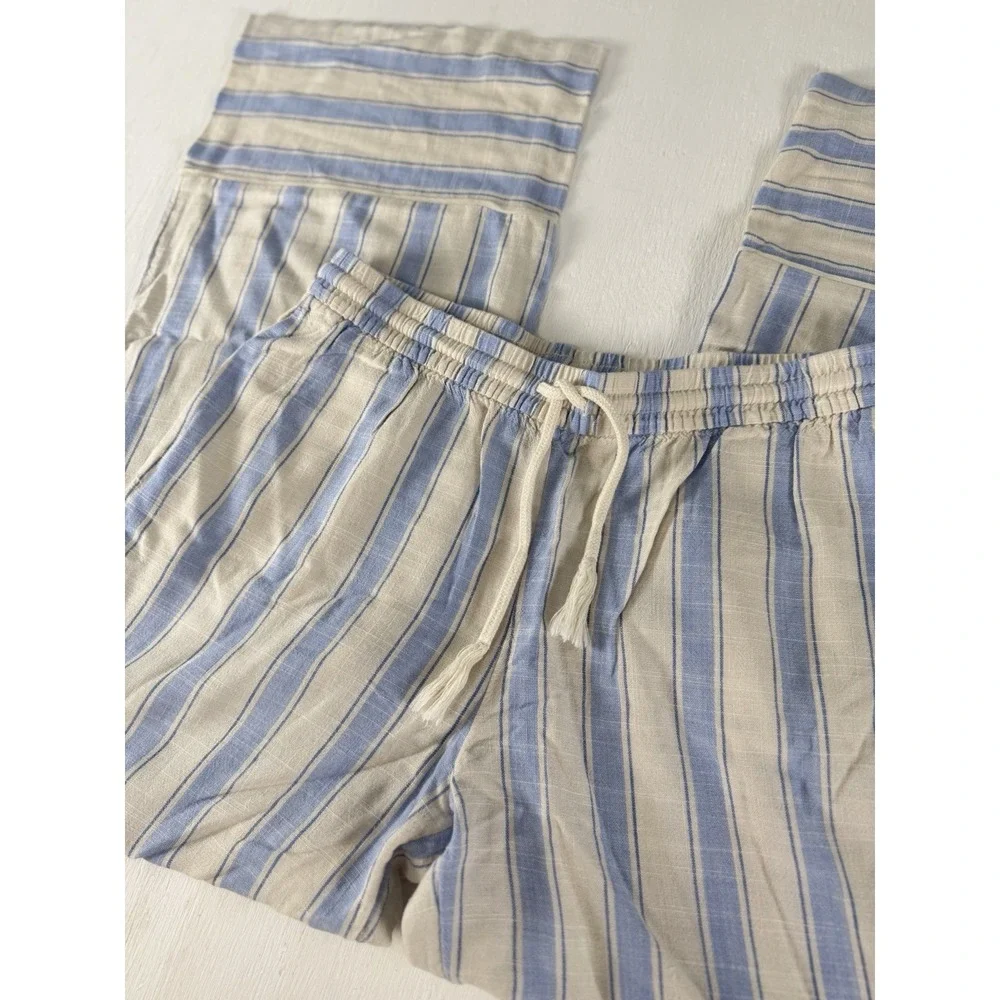 H&M DIVIDED Coastal Blue White Striped Linen Blend Wide Leg Pants Women's Small